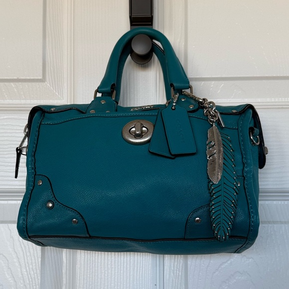 Coach Blue Rhyder 24 Leather Teal Turquoise Feather Charms Nickel Hardware - Picture 12 of 16